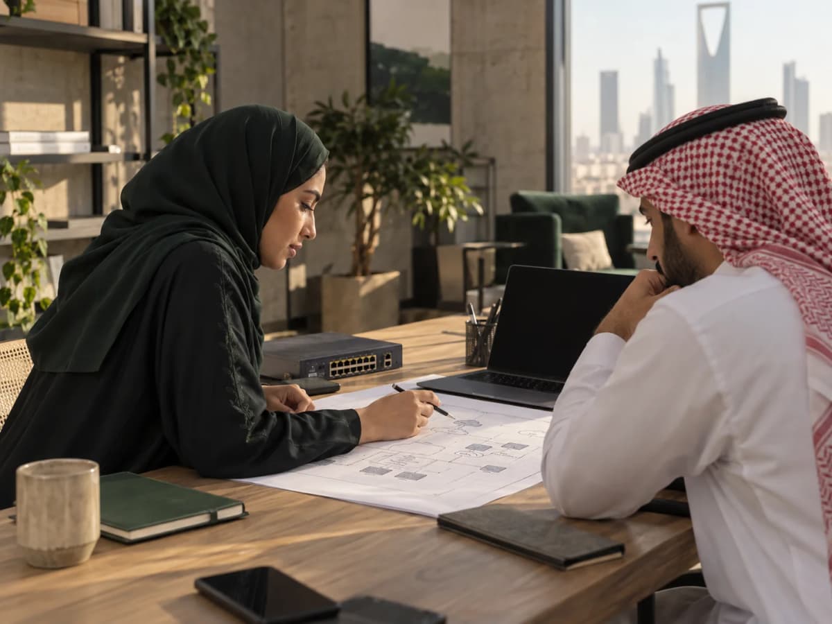 Two technology professionals reviewing an infrastructure design